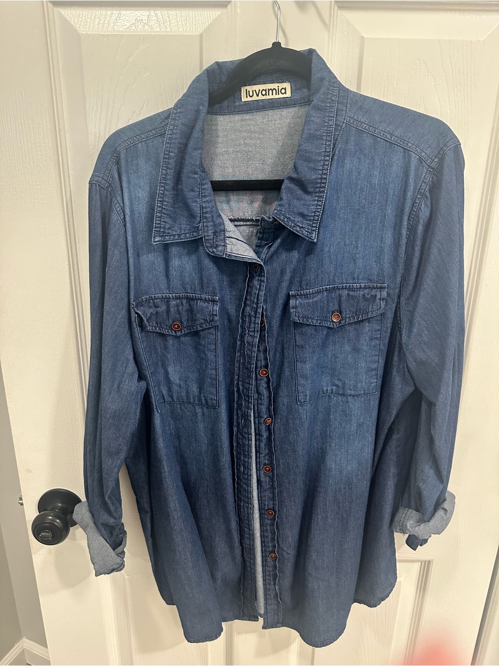 Luvamia Women’s Denim Button-Down Shirt in Medium Blue